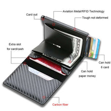 Cargar imagen en el visor de la galería, Open view of RFID Black Magic Trifold Leather Wallet showing card slots, cash holder, and RFID protective features.