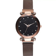 Load image into Gallery viewer, Women's luxury diamond watch with black dial and rose gold mesh strap, showcasing elegance and precision timekeeping.