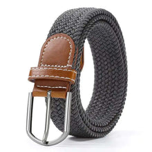 Cargar imagen en el visor de la galería, Elastic leather belt with alloy buckle, vegan leather, offering comfort and style, perfect for daily wear, in gray with brown accents.