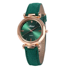 Cargar imagen en el visor de la galería, Sleek PU leather women's quartz wristwatch with green dial and rose gold accents, perfect for casual or formal occasions. Vegan-friendly, imported.