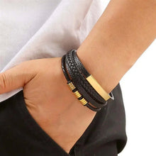 Load image into Gallery viewer, Classic men's leather bracelet with gold accents, worn with casual attire. Sophisticated and versatile style accessory for any occasion.