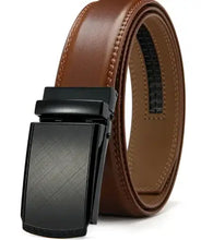 Charger l'image dans la galerie, Brown no holes cowhide leather belt with smooth adjustable design, black buckle. Perfect fit for casual or formal outfits.