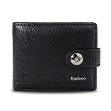 Cargar imagen en el visor de la galería, Men's black leather wallet with woven pattern and secure snap closure, stylish and functional for modern men.