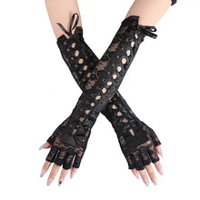 Load image into Gallery viewer, Elegant elbow length half-finger lace gloves with button detail, enhancing style and sophistication.