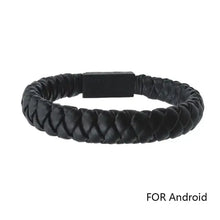 Cargar imagen en el visor de la galería, Black vegan leather portable phone data cable bracelet for Android, sleek design, convenient charging and syncing accessory.