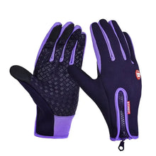 Load image into Gallery viewer, Purple touchscreen compatible unisex gloves with grip pattern and zipper, designed for smartphone use in cold weather.