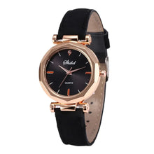 Cargar imagen en el visor de la galería, Fashion women's vegan leather casual watch with rose gold bezel, black face, and quartz movement for accurate timekeeping.