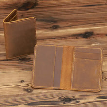 Load image into Gallery viewer, Vintage men's genuine leather wallet with credit card holder, open and closed view, on wooden background.
