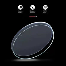 Cargar imagen en el visor de la galería, Watch glass showcasing wear-resistant, scratch-resistant, and waterproof features on a black background.
