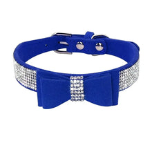 Cargar imagen en el visor de la galería, Blue adjustable leather pet collar with bowknot design and sparkling rhinestone accents, perfect for puppies and cats.