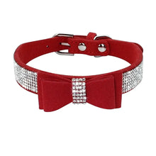 Cargar imagen en el visor de la galería, Red leather pet collar with bowknot and rhinestones, adjustable for puppies and cats.