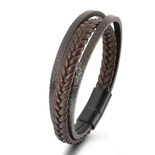Load image into Gallery viewer, Brown cattle leather bracelet with braided design and black clasp, showcasing rugged charm and sophistication.