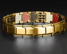 Load image into Gallery viewer, Gold magnetic therapy bracelet with colorful accents for energy and vitality enhancement.