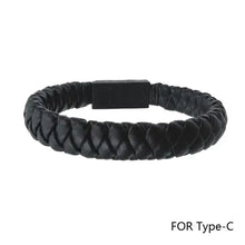 Cargar imagen en el visor de la galería, Black vegan leather USB Type-C bracelet charging cable, portable and stylish.