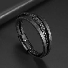 Cargar imagen en el visor de la galería, Classic hand woven multi-layered vegan leather bracelet, men's accessory, sophisticated style, black, imported, elegant design.