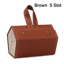 Cargar imagen en el visor de la galería, Brown 5-slot portable eyeglasses storage case made of vegan PU leather with carrying handle.