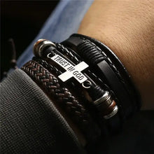 Cargar imagen en el visor de la galería, Men's leather bracelets with 'Trust in God' charm, showcasing rugged sophistication and unique style.
