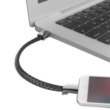 Cargar imagen en el visor de la galería, Portable vegan leather phone data cable connected to laptop and phone, showcasing sleek design and functionality for tech enthusiasts.