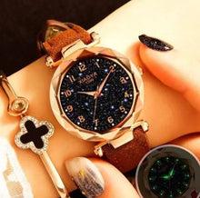 Cargar imagen en el visor de la galería, Premium Leather Star Sky Watch with vegan leather band, featuring a celestial-themed watch face with intricate starry design.