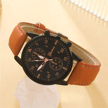 Charger l'image dans la galerie, Luxury men's watch with brown vegan leather strap and black dial, showcasing quartz movement and elegant design.