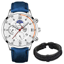 Cargar imagen en el visor de la galería, Men's casual leather watch with a blue strap and a sleek design, paired with a black braided bracelet, combining style and functionality.