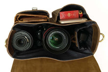 Load image into Gallery viewer, Open view of The Faust Leather Camera Bag | Crossbody Vintage Camera Messenger Bag showing camera and lens compartments.