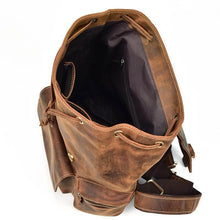 Charger l'image dans la galerie, Open view of The Hagen Backpack | Vintage Leather Backpack with spacious interior, showcasing genuine cowhide leather and durable design.