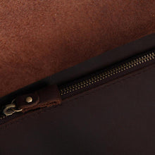 Load image into Gallery viewer, Close-up of zipper detail on The Gyda Backpack | Vintage Leather Travel Backpack showing high-quality brown leather material.