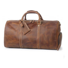 Cargar imagen en el visor de la galería, The Dagny Weekender | Large Leather Duffle Bag in brown full-grain leather with multiple interior pockets, ideal for stylish travel.