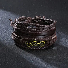 Cargar imagen en el visor de la galería, Vegan leather wrap bracelets with braided design and gold motorcycle accent, featuring zinc alloy details and lace-up clasp for men.