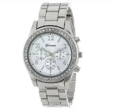Load image into Gallery viewer, Luxury Women's Geneva Watch with silver band and crystal-studded bezel, showcasing elegant and precise timekeeping design.