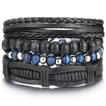 Charger l'image dans la galerie, Multilayer leather bracelet with beads, featuring black and blue colors, ideal for stylish and rugged looks.
