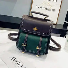 Load image into Gallery viewer, Vintage paneled PU leather women's backpack in brown and green, featuring a stylish bee motif, perfect for fashion-forward explorers.