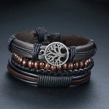 Cargar imagen en el visor de la galería, Vnox 4Pcs vegan leather wrap bracelet set with ethnic charm, zinc alloy accents, and lace-up clasp. Stylish and durable accessory for men.