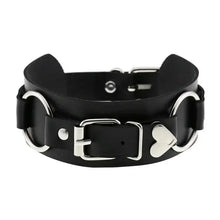 Cargar imagen en el visor de la galería, Black leather bracelet with silver buckle and heart charm, featuring metal loops and modern design.