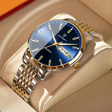 Load image into Gallery viewer, Men's stainless steel watch with blue dial, gold accents, and date display, showcasing sophisticated design and craftsmanship.