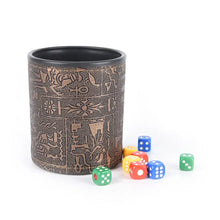 Cargar imagen en el visor de la galería, Egyptian pattern brown leather rune dice cup with colorful dice for gaming or divination rituals.