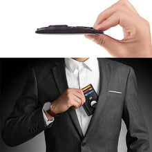 Charger l'image dans la galerie, Thin minimalist leather card wallet being placed in suit pocket, showcasing sleek and compact design for organized essentials.
