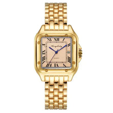 Charger l'image dans la galerie, Gold luxury couple's watch with Roman numerals and quartz movement, symbolizing timeless elegance and unity.