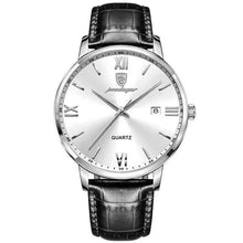 Cargar imagen en el visor de la galería, Luxury men's quartz watch with vegan leather strap, silver dial, and Roman numerals, showcasing elegance and precision craftsmanship.