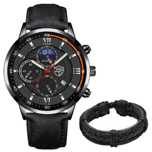 Cargar imagen en el visor de la galería, Men's casual leather watch with classic black design and modern functionality, paired with an elegant black braided bracelet.