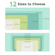 Cargar imagen en el visor de la galería, Image showing 12 different sizes of leather suede desk mats, ranging from 26x21 cm to 120x60 cm, for a versatile workspace upgrade.