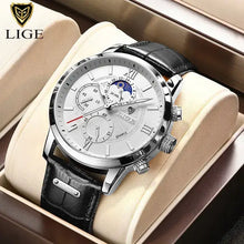 Load image into Gallery viewer, Luxury LIGE men's watch with leather strap, featuring a full functional chronograph and multiple sub-dials, elegant design for 2023.