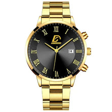 Charger l'image dans la galerie, Gold minimalist men's watch with black dial and Roman numerals, featuring a sleek and sophisticated design for timeless style.