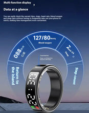 Cargar imagen en el visor de la galería, Smart ring with display screen for notifications and health tracking, showing heart rate, steps, sleep, and blood oxygen data.