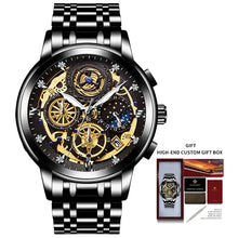 Load image into Gallery viewer, Men's stainless steel watch with intricate black and gold gears, 42mm dial, 12mm slim case, shown with custom high-end gift box.