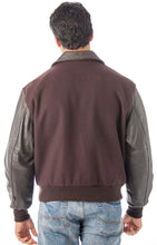Charger l'image dans la galerie, Back view of a man wearing a REED leather varsity bomber jacket in brown wool with black leather sleeves, showcasing a classic style.