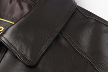 Load image into Gallery viewer, Close-up of REED Men's American Style Bomber Jacket in genuine leather, highlighting durable stitching and luxurious material.