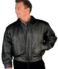 Load image into Gallery viewer, A man wearing a black REED genuine leather bomber jacket.