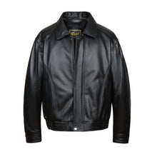 Load image into Gallery viewer, REED Men's American Style Bomber Genuine Leather Jacket, classic bomber design, imported, sleek black leather, luxurious feel.